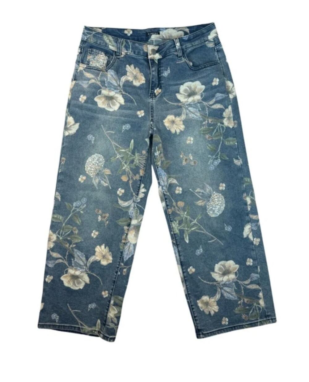 Flamingals Blue Botanical Floral High Rise Stretch Jeans XL NWT Garden Romantic